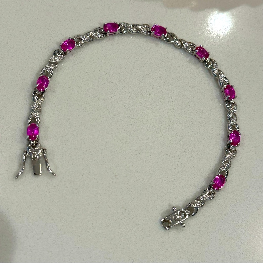 Sterling Silver 925 Hot Pink Topaz Gemstone Oval Tennis Bracelet 7.5” Length